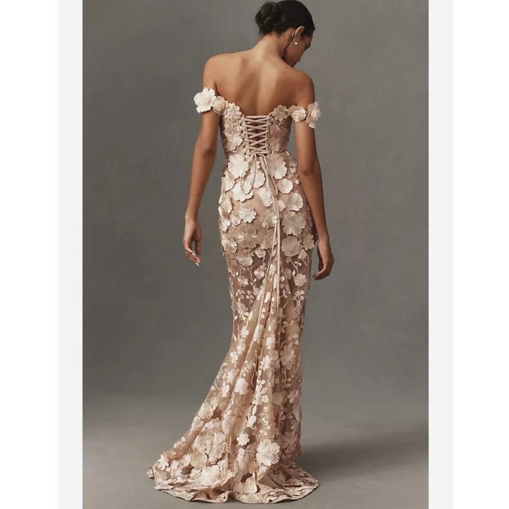NWT Bronx and Banco Jasmine 3D Floral Off Shoulder Maxi Gown Gold Size S - Picture 4 of 16